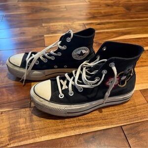 Converse All-Star Kids Black High-Top Sneakers with floral design.  Black size 7